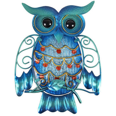 WLA022 Sanlly Metal Owl Wall Decoration Blue Home Hanging Glass Decorative Wall Art for Indoors or Outdoors