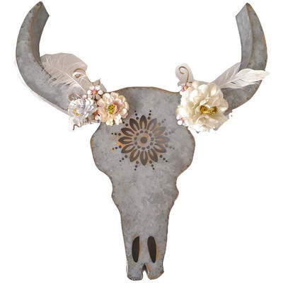 WLA026 Doveey Metal Bull Head Skull Wall Hanging Art Southwestern Cow Steer Skull with Frabic Flowers