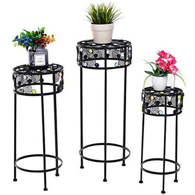 PFS014 Casseteu Set of 3 Plant Stand Metal and Ceramic Indoor Outdoor Flower Pot Rack